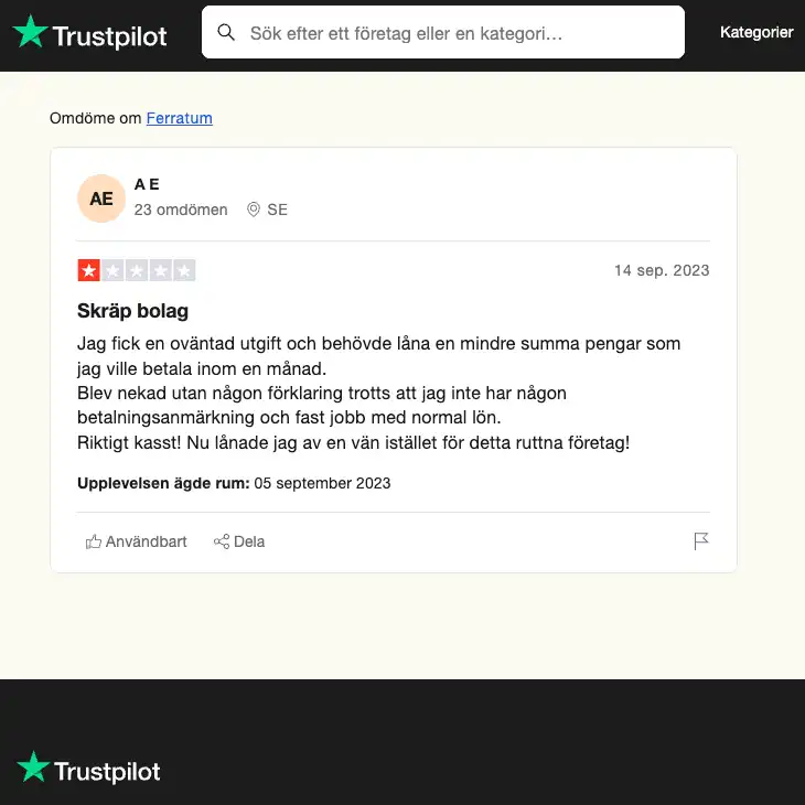 Skärmdump av ett negativt omdöme av Ferratum kredit på Trustpilot. Den som lämnat omdömet är missnöjd över att ha blivit nekad Ferratum kredit trots ett fast jobb, en normal lön och inga betalningsanmärkningar.