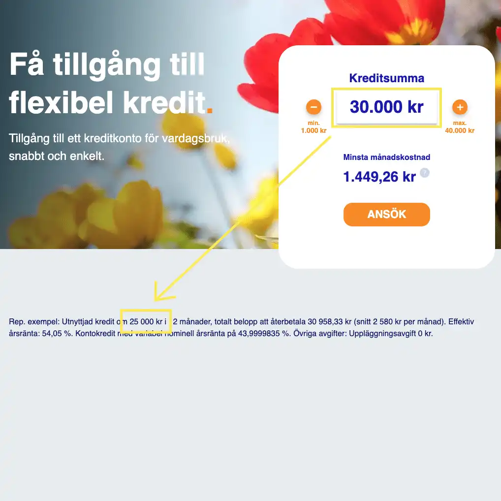 En skärmdump från Ferratums startsida som visar hur deras räkneexempel inte ändras, trots att besökaren ändrar kreditsumma.