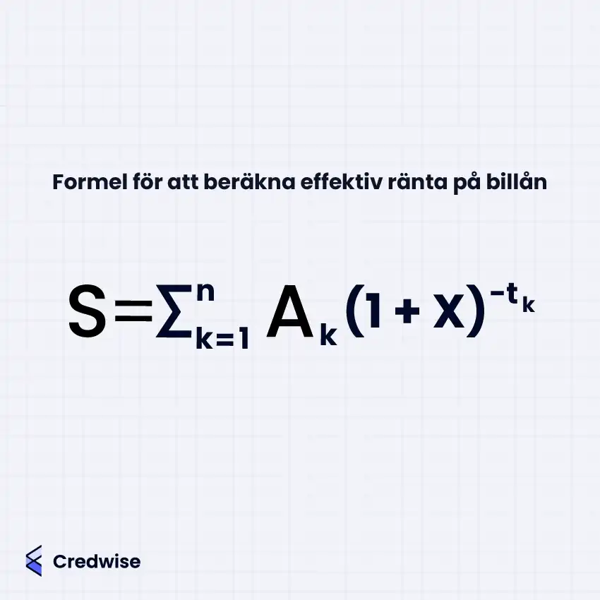Formel för att beräkna effektiv ränta på billån: s=summan av n och k=1, Ak x (1+X)^-tk